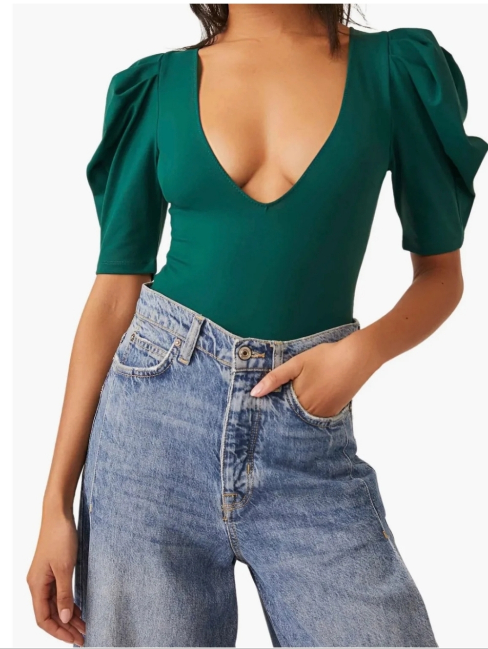 Free People Va Va Voop Deep V-Neck Ruched Bodysuit Size M